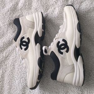 CHANEL Mesh Suede Calfskin Grained Calfskin Womens CC Sneakers 37 White Black